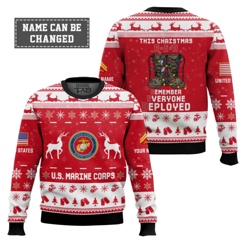 Hooktab US Marine Corps This Christmas R.E.D - Custom Name And Rank Ugly Sweater Hooktab US Marine Corps This Christmas R.E.D - Custom Name And Rank Ugly Sweater