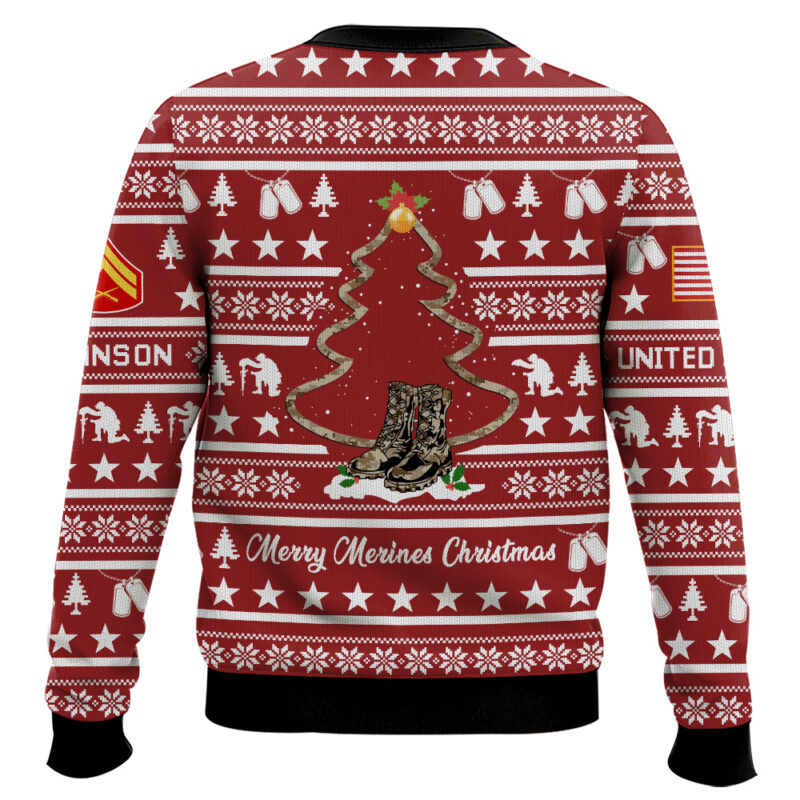 Hooktab US Marine Corps Veteran Merry Christmas - Custom Name And Rank Ugly Sweater Hooktab US Marine Corps Veteran Merry Christmas - Custom Name And Rank Ugly Sweater