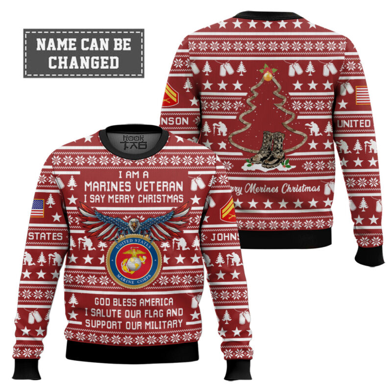 Hooktab US Marine Corps Veteran Merry Christmas - Custom Name And Rank Ugly Sweater Hooktab US Marine Corps Veteran Merry Christmas - Custom Name And Rank Ugly Sweater