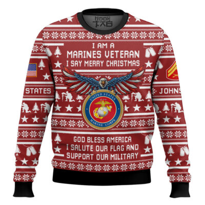Hooktab US Marine Corps Veteran Merry Christmas - Custom Name And Rank Ugly Sweater