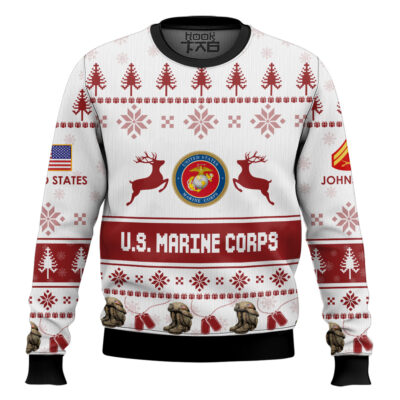 Hooktab US Marine Corps Veteran Proudly Served - Custom Name And Rank Ugly Sweater