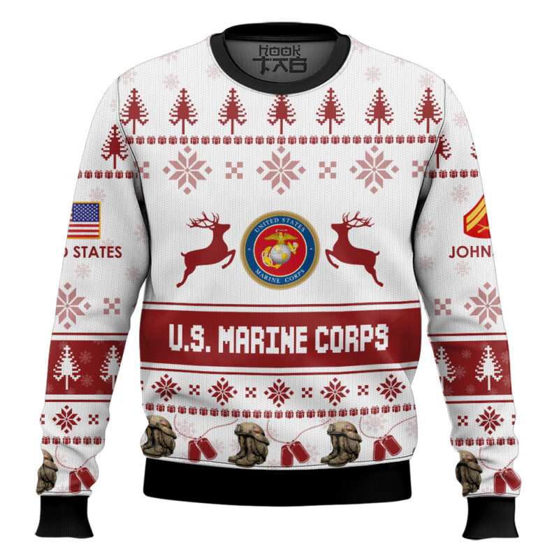 Hooktab US Marine Corps Veteran Proudly Served - Custom Name And Rank Ugly Sweater