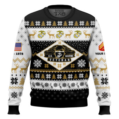 Hooktab US Marine Corps Veterans - Custom Name, Rank And Years Of Service Ugly Sweater