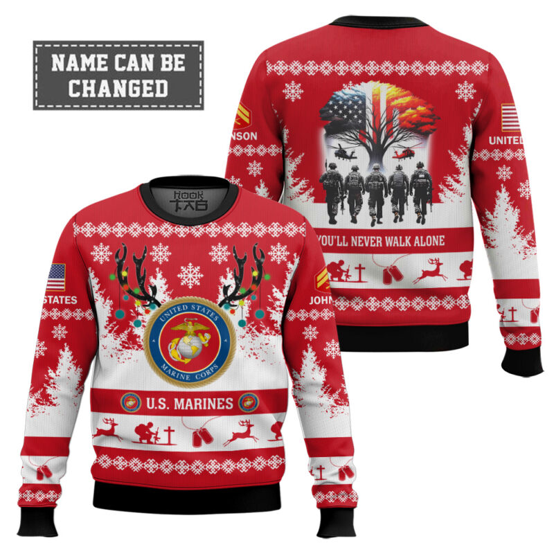 Hooktab US Marine Corps You'll Never Walk Alone - Custom Name and Rank Ugly Sweater Hooktab US Marine Corps You'll Never Walk Alone - Custom Name and Rank Ugly Sweater