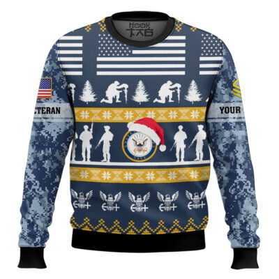 Hooktab US Navy Be Nice To Veterans Remember Santa Is Always Watching - Custom Name And Rank Ugly Sweater