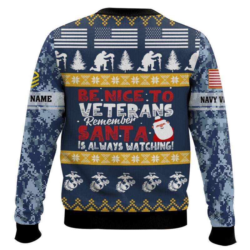 Hooktab US Navy Be Nice To Veterans Remember Santa Is Always Watching - Custom Name And Rank Ugly Sweater Hooktab US Navy Be Nice To Veterans Remember Santa Is Always Watching - Custom Name And Rank Ugly Sweater