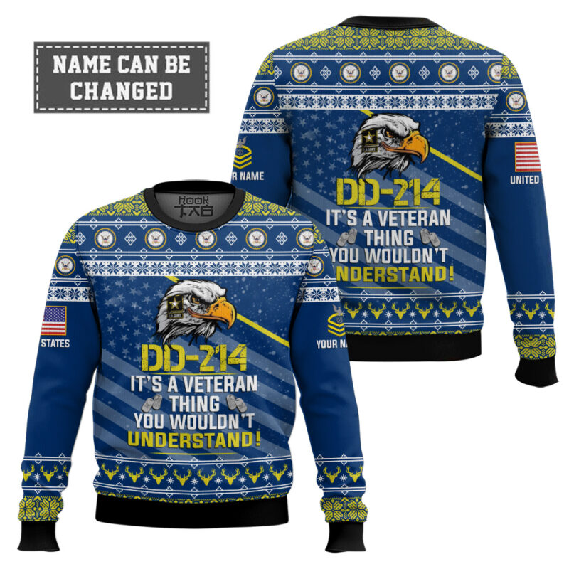 Hooktab US Navy DD-214 It's A Veteran Thing You Wouldn't Understand - Custom Name And Rank Ugly Sweater Hooktab US Navy DD-214 It's A Veteran Thing You Wouldn't Understand - Custom Name And Rank Ugly Sweater