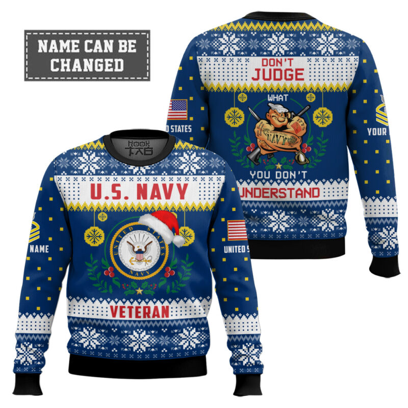 Hooktab US Navy Don't Judge What You Don't Understand - Custom Name And Rank Ugly Sweater Hooktab US Navy Don't Judge What You Don't Understand - Custom Name And Rank Ugly Sweater