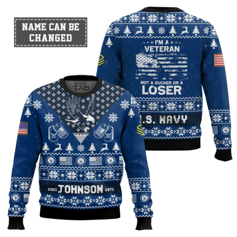 Hooktab US Navy, E 5 Gold I'm Veteran Not A Sucker Or A Loser - Custom Name, Rank And Year Of Service Ugly Sweater Hooktab US Navy, E 5 Gold I'm Veteran Not A Sucker Or A Loser - Custom Name, Rank And Year Of Service Ugly Sweater