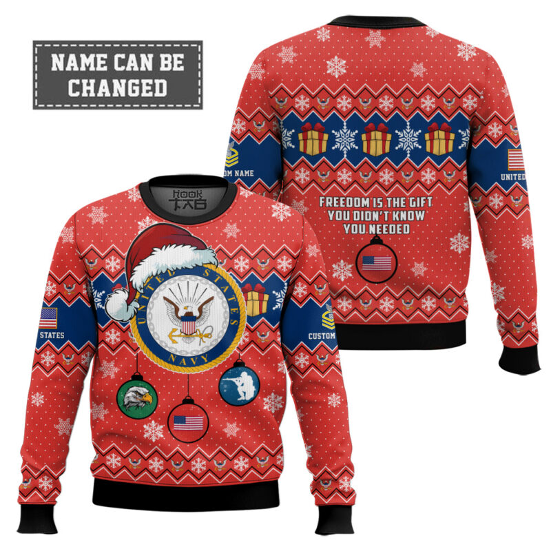 Hooktab US Navy Freedom Is The Gift You Didn't Know You Needed - Custom Name And Rank Ugly Sweater Hooktab US Navy Freedom Is The Gift You Didn't Know You Needed - Custom Name And Rank Ugly Sweater