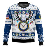 Hooktab US Navy God Found The Strongest Men And Made Them Veteran - Custom Name And Rank Ugly Sweater