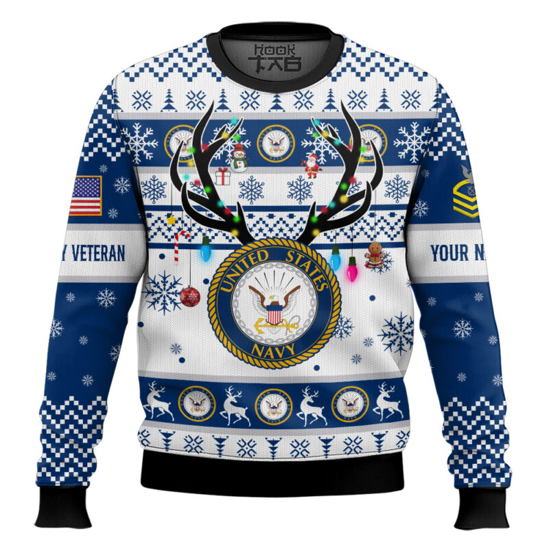 Hooktab US Navy God Found The Strongest Men And Made Them Veteran - Custom Name And Rank Ugly Sweater