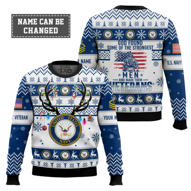 Hooktab US Navy God Found The Strongest Men And Made Them Veteran - Custom Name And Rank Ugly Sweater Hooktab US Navy God Found The Strongest Men And Made Them Veteran - Custom Name And Rank Ugly Sweater