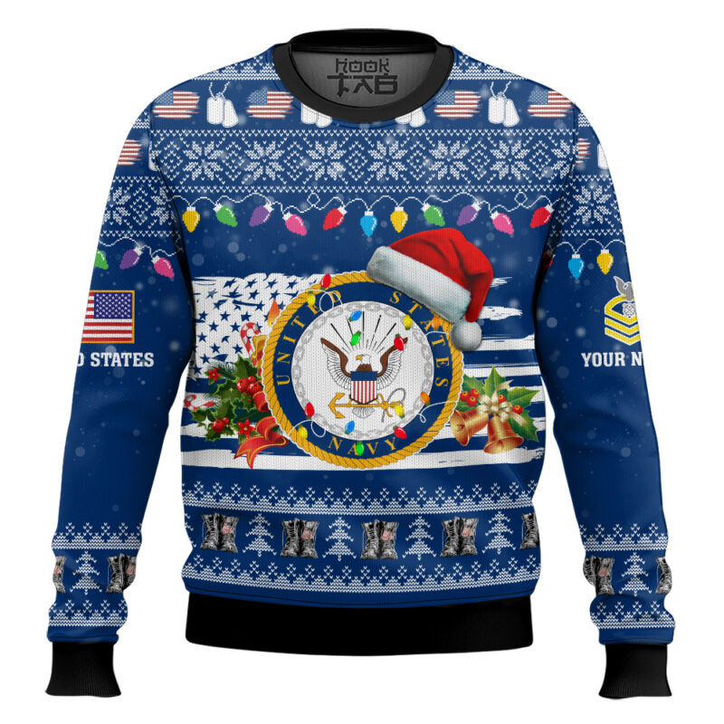 Hooktab US Navy Have Yourself A Military Christmas - Custom Name And Rank Ugly Sweater