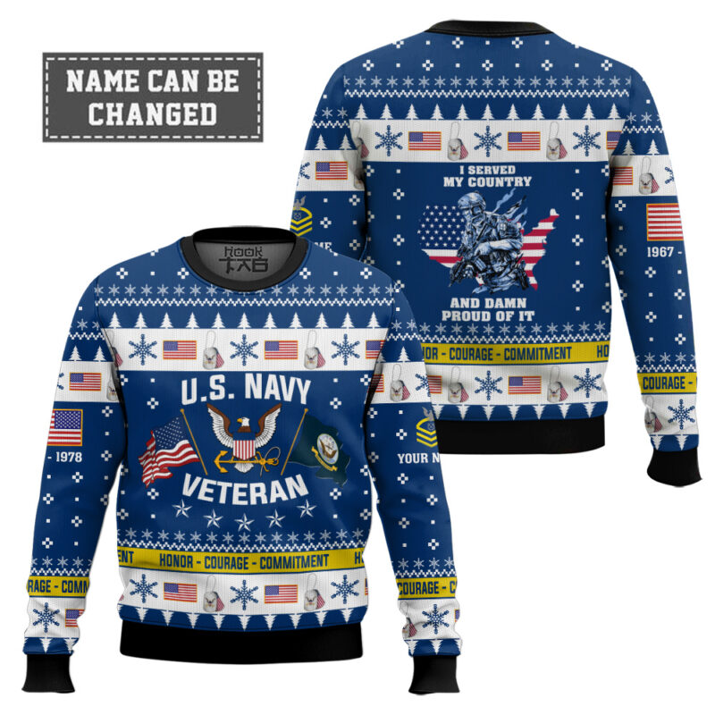 Hooktab US Navy I Served My Country And Damn Proud Of It - Custom Name, Rank And Years Of Service Ugly Sweater Hooktab US Navy I Served My Country And Damn Proud Of It - Custom Name, Rank And Years Of Service Ugly Sweater