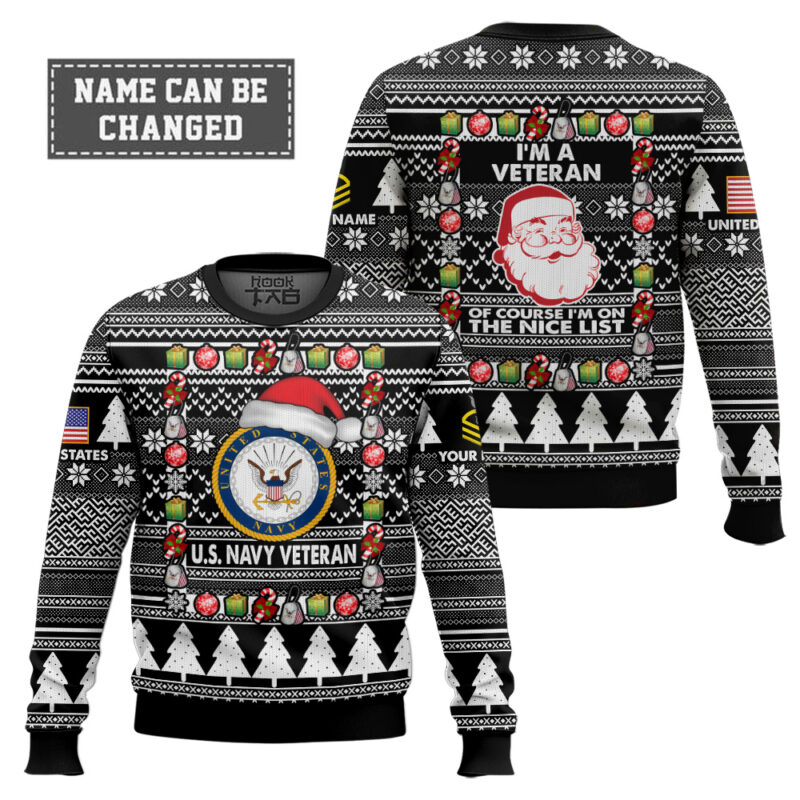 Hooktab US Navy I'm A Veteran, Of Course I'm On The Nice List - Custom Name And Rank Ugly Sweater Hooktab US Navy I'm A Veteran, Of Course I'm On The Nice List - Custom Name And Rank Ugly Sweater