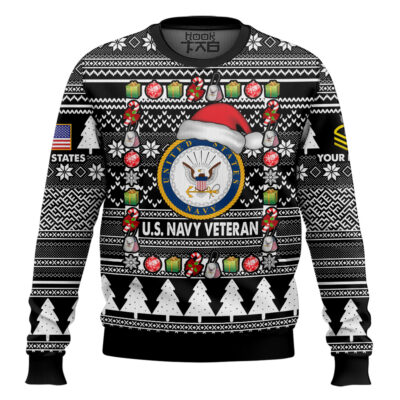 Hooktab US Navy I'm A Veteran, Of Course I'm On The Nice List - Custom Name And Rank Ugly Sweater