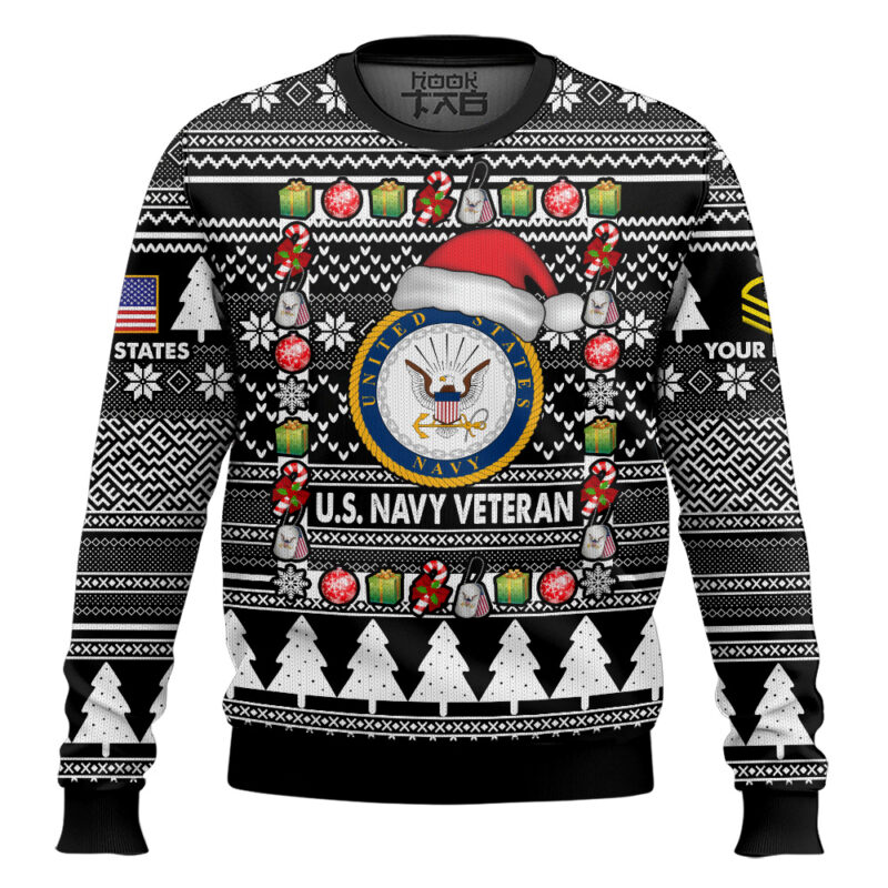 Hooktab US Navy I'm A Veteran, Of Course I'm On The Nice List - Custom Name And Rank Ugly Sweater