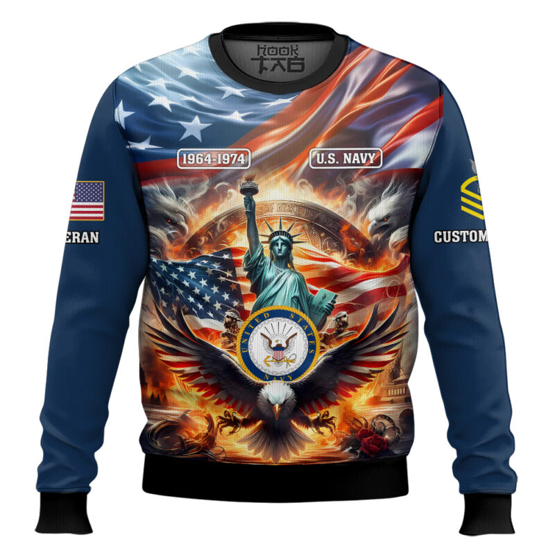 Hooktab US Navy Liberty Eagle - Custom Name, Rank And Years Of Service Ugly Sweater