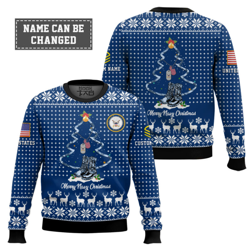 Hooktab US Navy Merry Christmas - Custom Name And Rank Ugly Sweater Hooktab US Navy Merry Christmas - Custom Name And Rank Ugly Sweater
