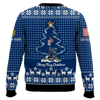 Hooktab US Navy Merry Christmas – Custom Name And Rank Ugly Sweater