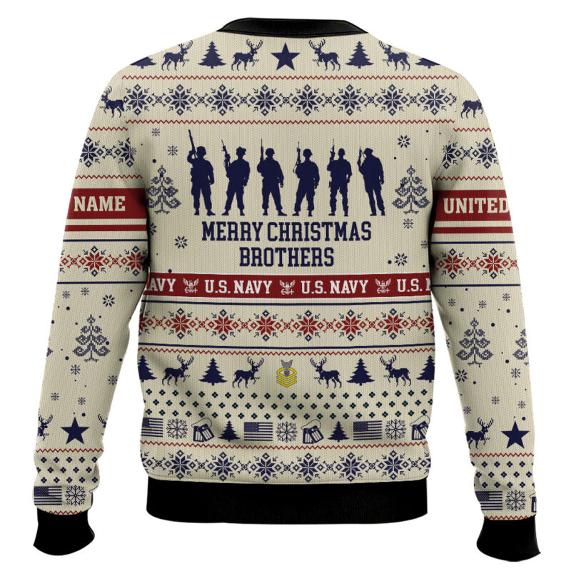 Hooktab US Navy Merry Christmas Brothers - Custom Name And Rank Ugly Sweater Hooktab US Navy Merry Christmas Brothers - Custom Name And Rank Ugly Sweater