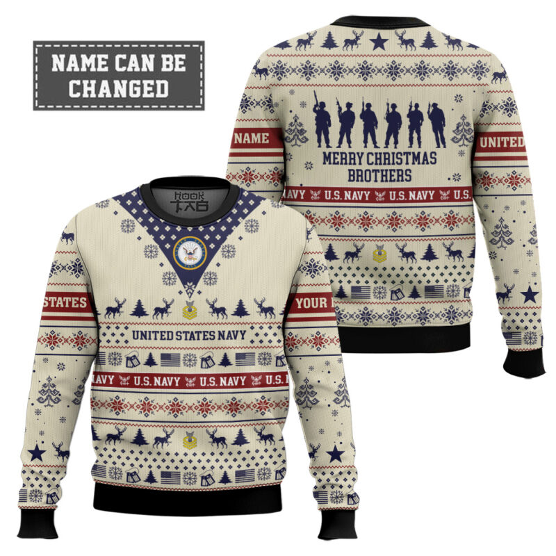 Hooktab US Navy Merry Christmas Brothers - Custom Name And Rank Ugly Sweater Hooktab US Navy Merry Christmas Brothers - Custom Name And Rank Ugly Sweater