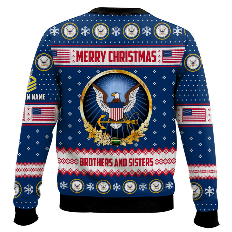 Hooktab US Navy Merry Christmas Brothers And Sisters - Custom Name And Rank Ugly Sweater Hooktab US Navy Merry Christmas Brothers And Sisters - Custom Name And Rank Ugly Sweater