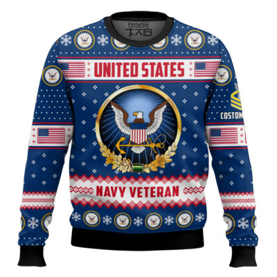 Hooktab US Navy Merry Christmas Brothers And Sisters - Custom Name And Rank Ugly Sweater
