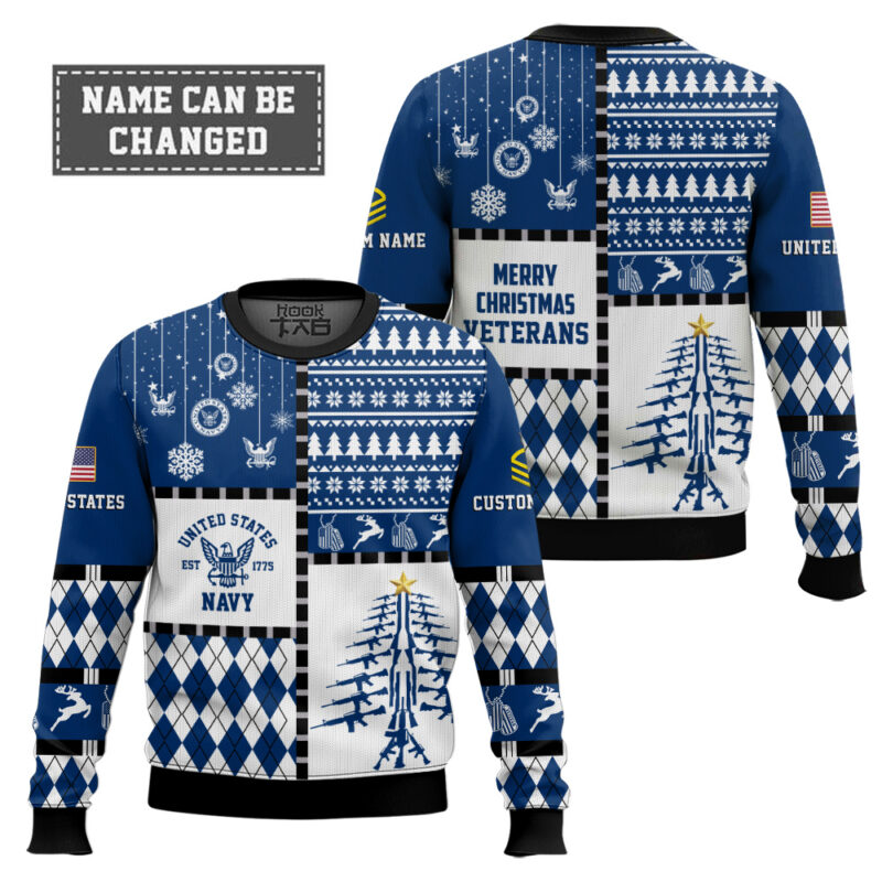 Hooktab US Navy Merry Christmas Veteran - Custom Name And Rank Ugly Sweater Hooktab US Navy Merry Christmas Veteran - Custom Name And Rank Ugly Sweater