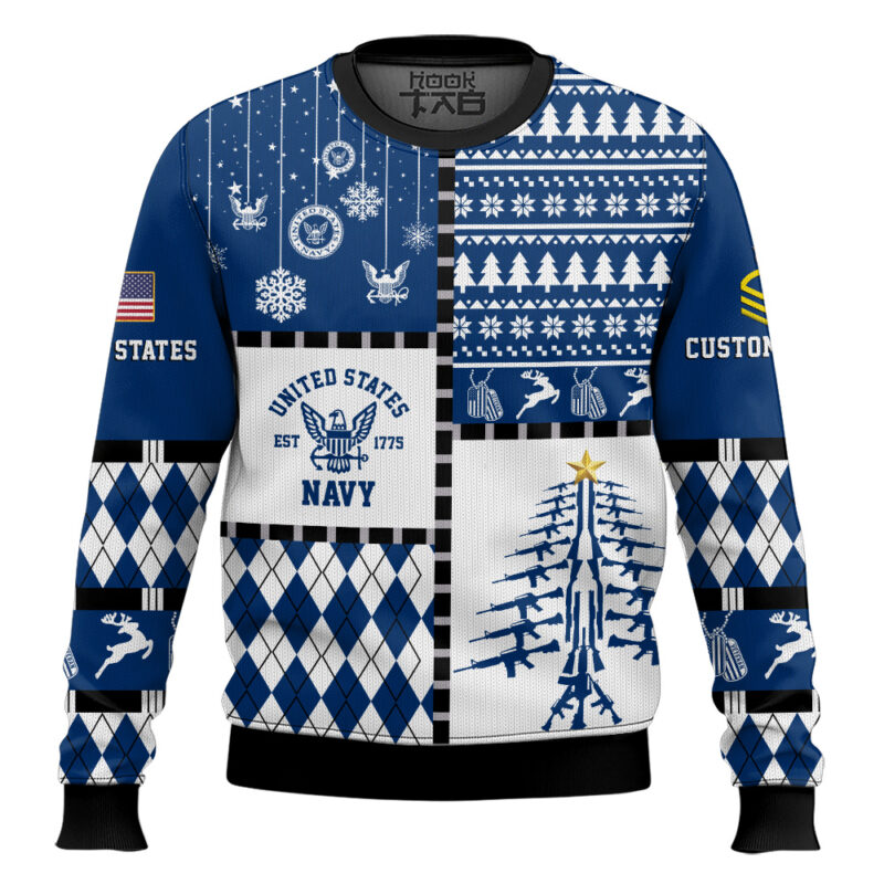 Hooktab US Navy Merry Christmas Veteran - Custom Name And Rank Ugly Sweater