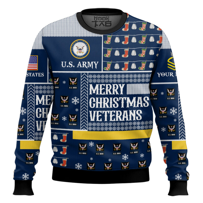 Hooktab US Navy Merry Christmas Veterans - Custom Name And Rank Ugly Sweater