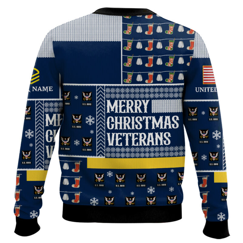 Hooktab US Navy Merry Christmas Veterans - Custom Name And Rank Ugly Sweater Hooktab US Navy Merry Christmas Veterans - Custom Name And Rank Ugly Sweater