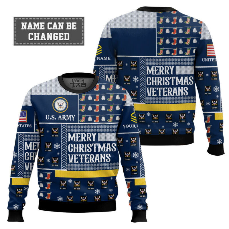 Hooktab US Navy Merry Christmas Veterans - Custom Name And Rank Ugly Sweater Hooktab US Navy Merry Christmas Veterans - Custom Name And Rank Ugly Sweater