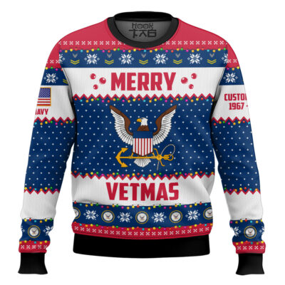 Hooktab US Navy Merry Vetmas - Custom Name And Years Of Service Ugly Sweater