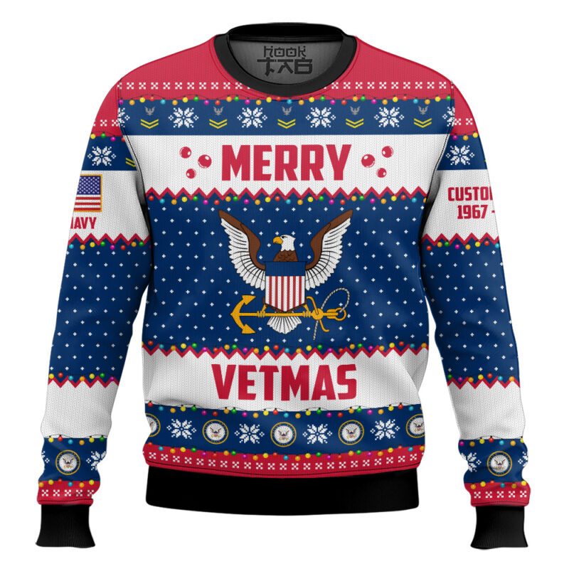 Hooktab US Navy Merry Vetmas - Custom Name And Years Of Service Ugly Sweater