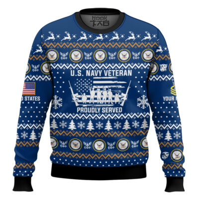 Hooktab US Navy Merry Xmas Brothers And Sisters - Custom Name And Rank Ugly Sweater