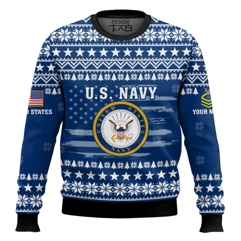 Hooktab US Navy My Time In Uniform Is Over But Being A Veteran Never Ends - Custom Name And Rank Ugly Sweater