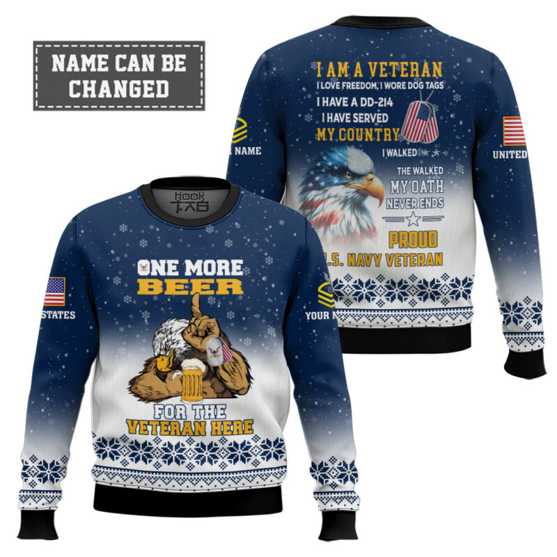 Hooktab US Navy One More Beer For The Veteran Here - Custom Name And Rank Ugly Sweater Hooktab US Navy One More Beer For The Veteran Here - Custom Name And Rank Ugly Sweater