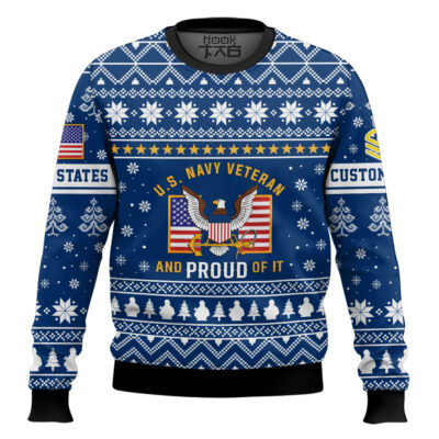 Hooktab US Navy Proud Veteran - Custom Name And Rank Ugly Sweater