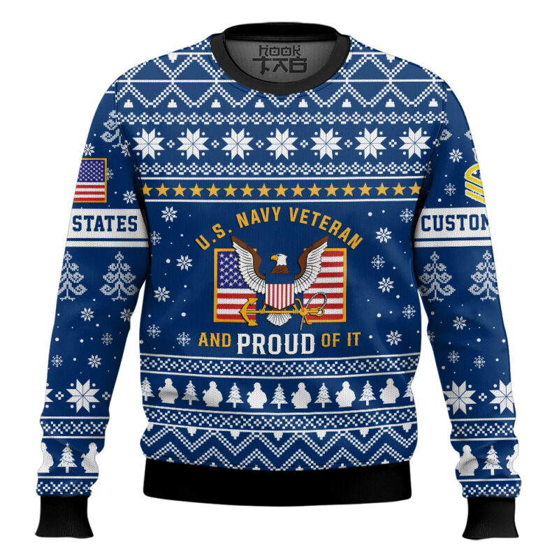 Hooktab US Navy Proud Veteran - Custom Name And Rank Ugly Sweater
