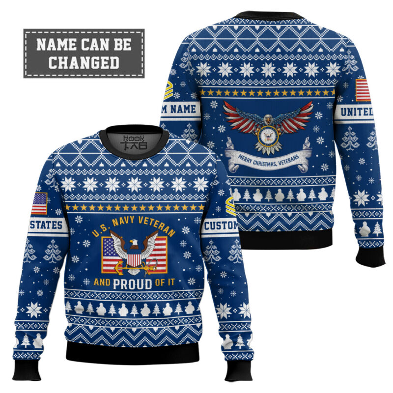 Hooktab US Navy Proud Veteran - Custom Name And Rank Ugly Sweater Hooktab US Navy Proud Veteran - Custom Name And Rank Ugly Sweater