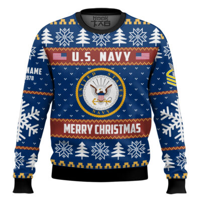 Hooktab US Navy Proud Veteran - Custom Name, Rank And Years Of Service Ugly Sweater