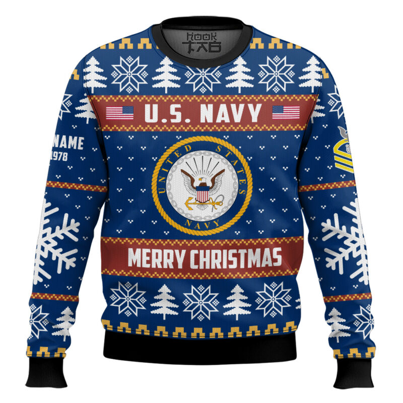 Hooktab US Navy Proud Veteran - Custom Name, Rank And Years Of Service Ugly Sweater