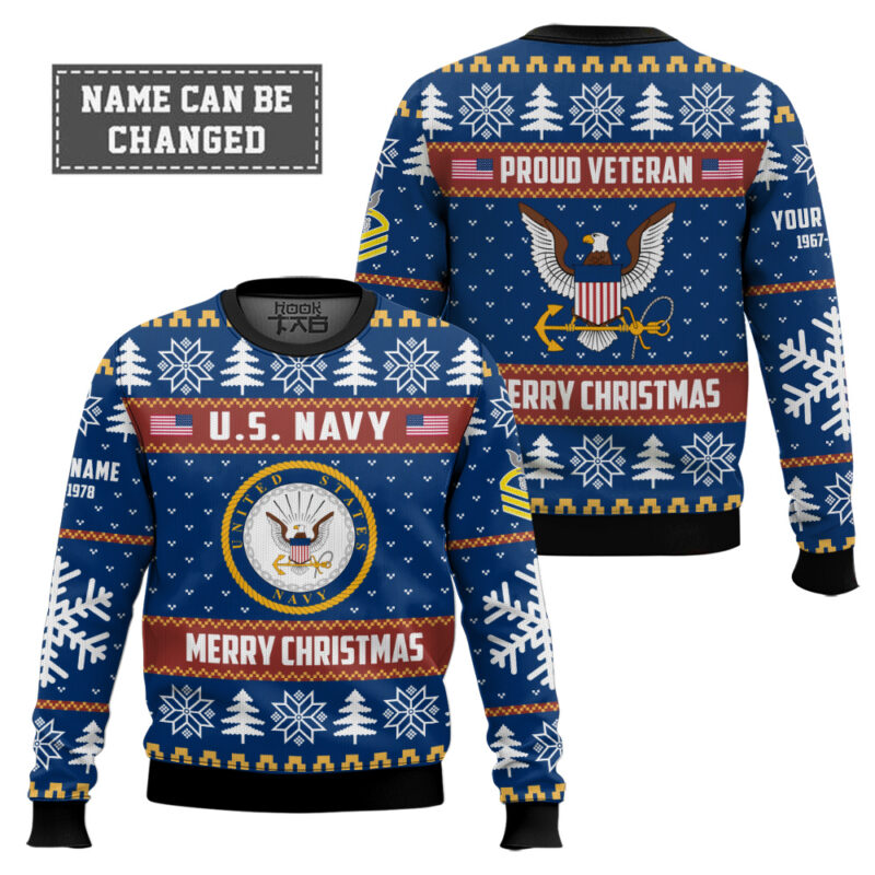 Hooktab US Navy Proud Veteran - Custom Name, Rank And Years Of Service Ugly Sweater Hooktab US Navy Proud Veteran - Custom Name, Rank And Years Of Service Ugly Sweater