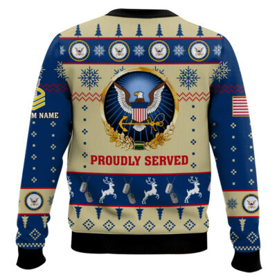 Hooktab US Navy Proudly Served – Custom Name And Rank Ugly Sweater