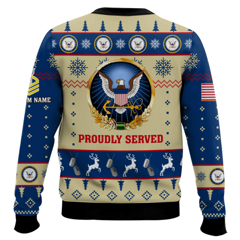 Hooktab US Navy Proudly Served - Custom Name And Rank Ugly Sweater Hooktab US Navy Proudly Served - Custom Name And Rank Ugly Sweater