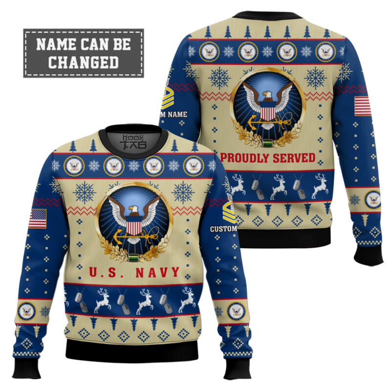 Hooktab US Navy Proudly Served - Custom Name And Rank Ugly Sweater Hooktab US Navy Proudly Served - Custom Name And Rank Ugly Sweater