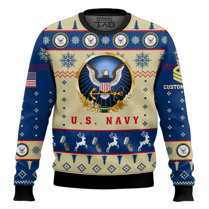 Hooktab US Navy Proudly Served - Custom Name And Rank Ugly Sweater