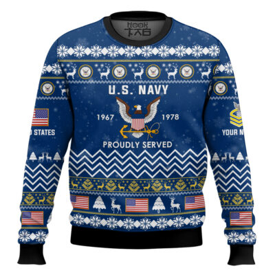 Hooktab US Navy Proudly Served Veteran - Custom Name, Rank And Years Of Service Ugly Sweater